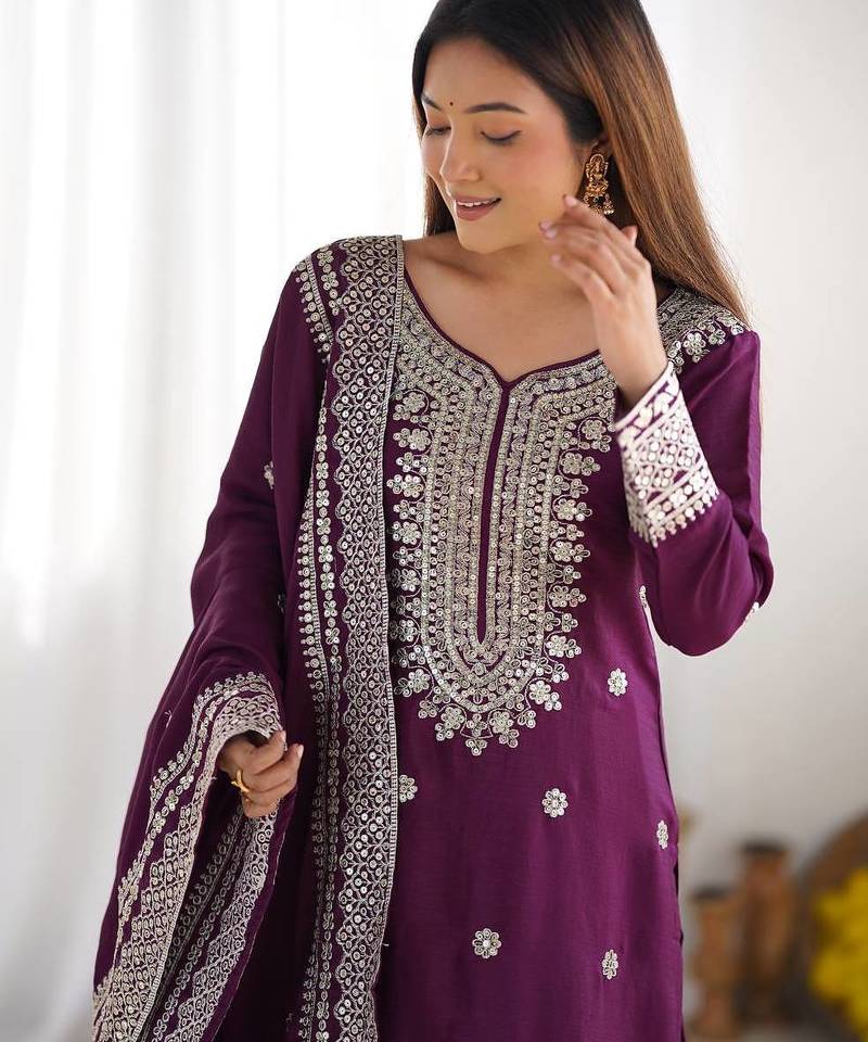 Women wine sequins , zari, coding & thread embroidered work silk kurta set