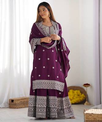 Women wine sequins zari coding & thread embroidered work silk blend kurta set 5