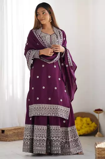 Women wine sequins  zari coding & thread embroidered work silk kurta set