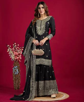 Women black sequins zari coding & thread embroidered work silk blend kurta set 1