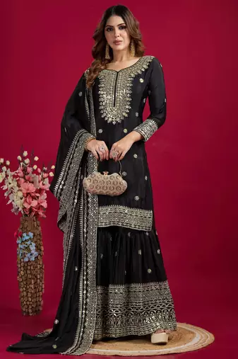 Women black sequins , zari, coding & thread embroidered work silk kurta set