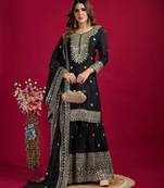 Women black sequins , zari, coding & thread embroidered work silk kurta set