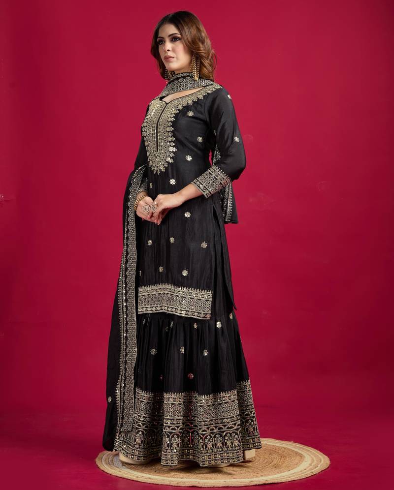 Women black sequins , zari, coding & thread embroidered work silk kurta set