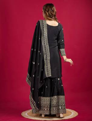 Women black sequins zari coding & thread embroidered work silk blend kurta set 4