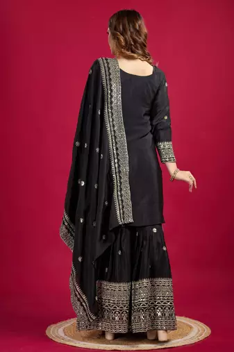 Women black sequins  zari coding & thread embroidered work silk kurta set
