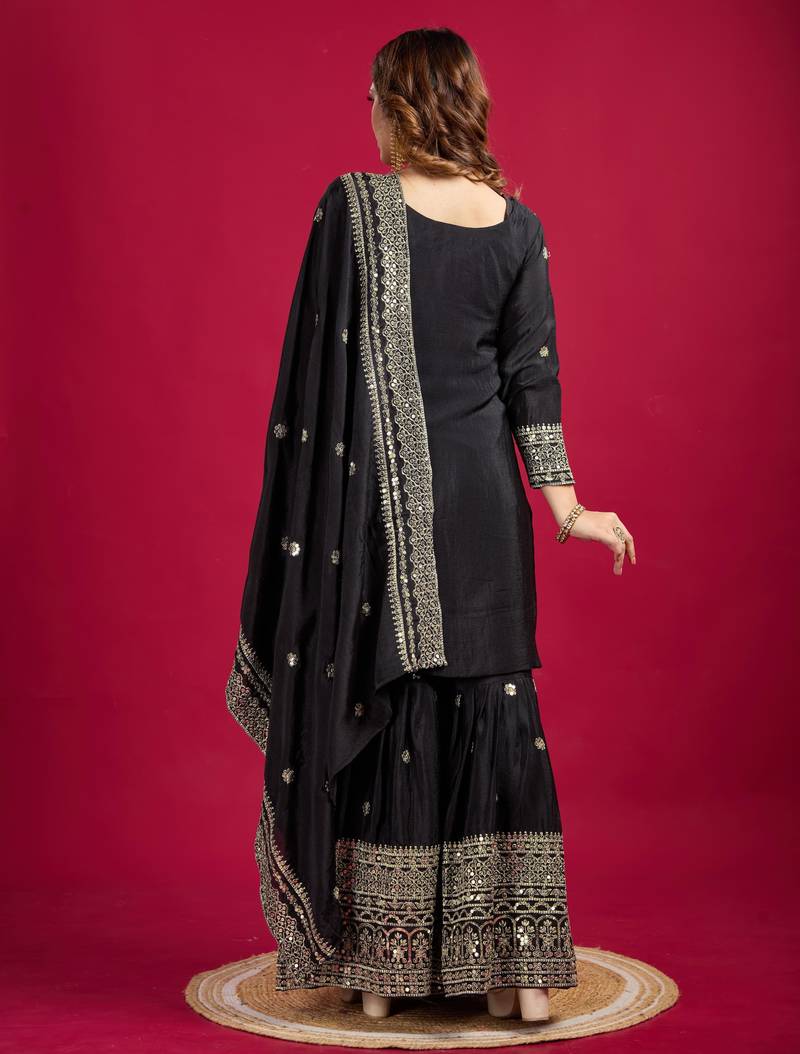 Women black sequins , zari, coding & thread embroidered work silk kurta set
