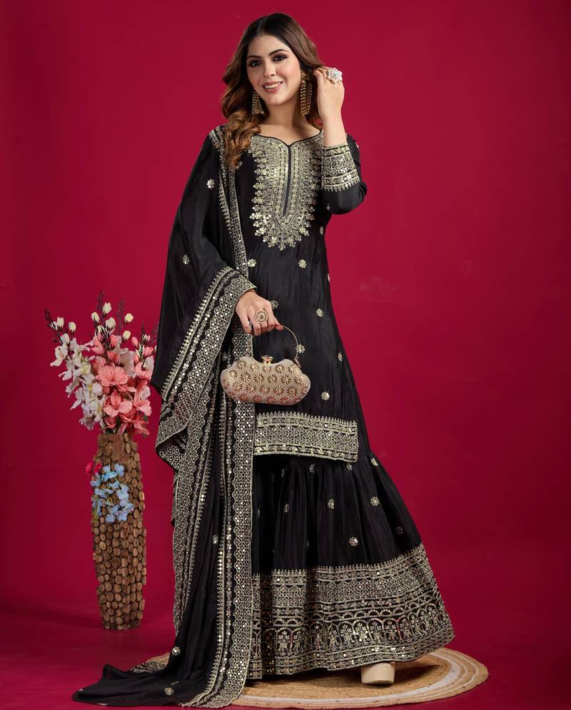 Women black sequins , zari, coding & thread embroidered work silk kurta set