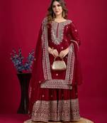 Women maroon sequins , zari, coding & thread embroidered work silk kurta set