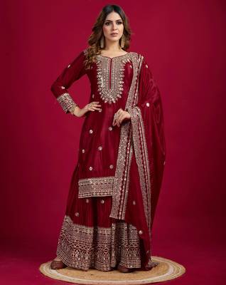 Women maroon sequins zari coding & thread embroidered work silk blend kurta set 2