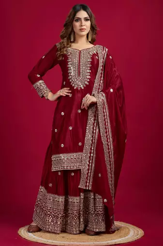Women maroon sequins  zari coding & thread embroidered work silk kurta set