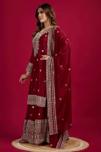 Women maroon sequins  zari coding & thread embroidered work silk kurta set