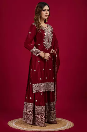 Women maroon sequins  zari coding & thread embroidered work silk kurta set
