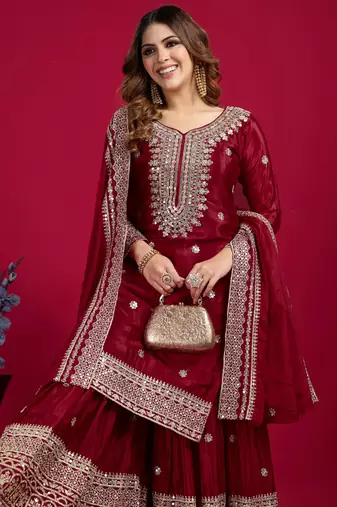 Women maroon sequins  zari coding & thread embroidered work silk kurta set