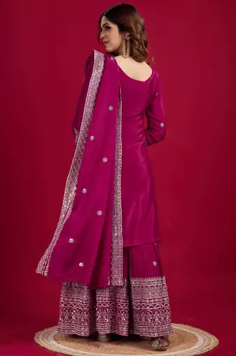 Women rani sequins  zari coding & thread embroidered work silk kurta set