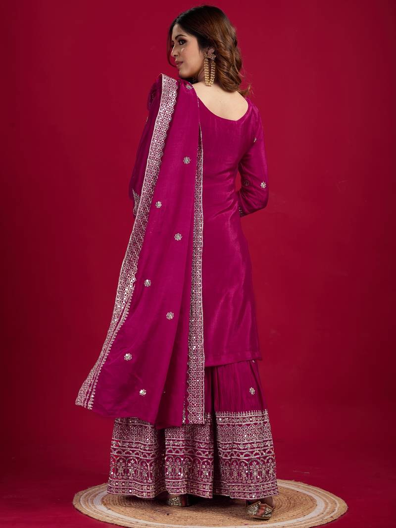 Women rani sequins , zari, coding & thread embroidered work silk kurta set