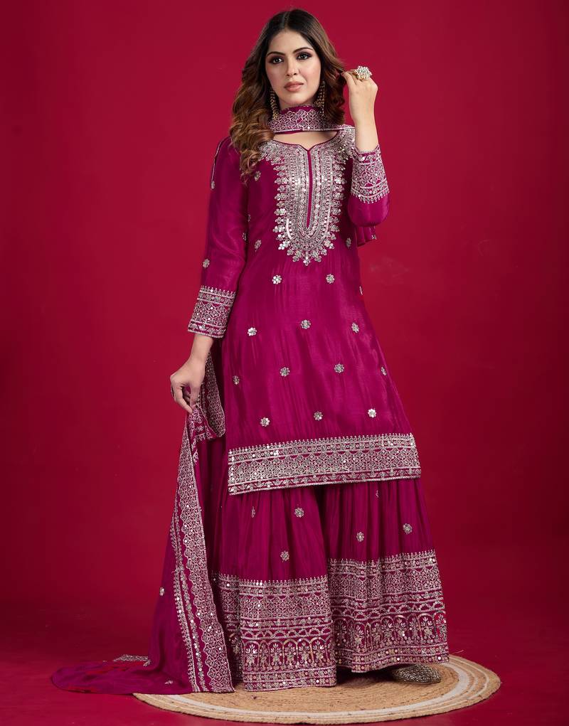 Women rani sequins , zari, coding & thread embroidered work silk kurta set