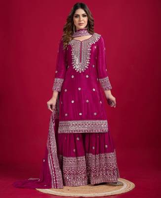 Women rani sequins zari coding & thread embroidered work silk blend kurta set 4