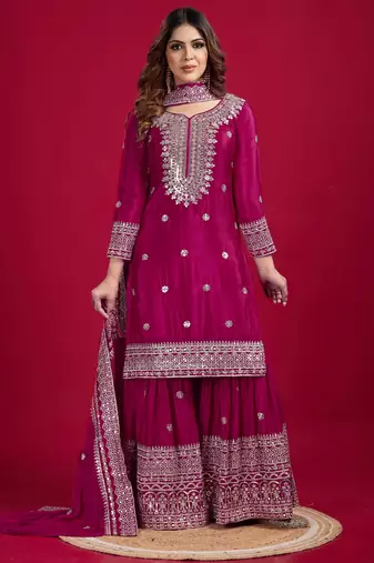 Women rani sequins  zari coding & thread embroidered work silk kurta set