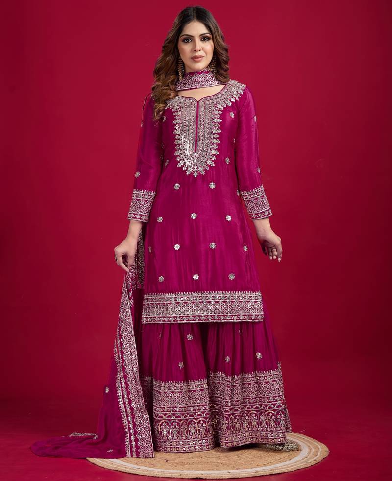 Women rani sequins , zari, coding & thread embroidered work silk kurta set