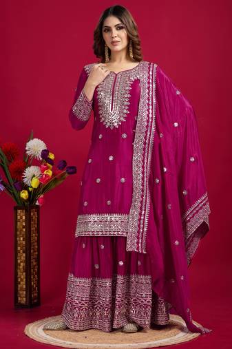 Women rani sequins , zari, coding & thread embroidered work silk kurta set