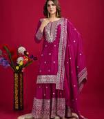 Women rani sequins , zari, coding & thread embroidered work silk kurta set