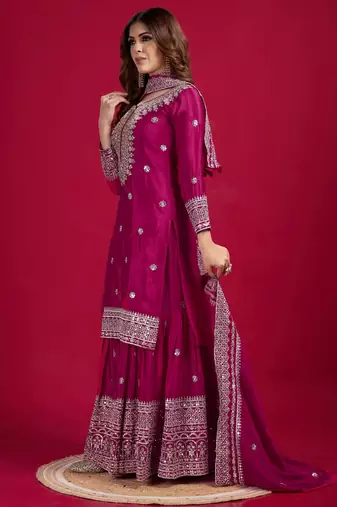 Women rani sequins  zari coding & thread embroidered work silk kurta set