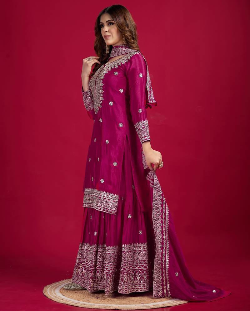 Women rani sequins , zari, coding & thread embroidered work silk kurta set