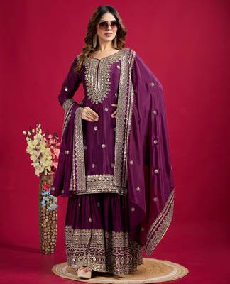 Women voilet sequins zari coding & thread embroidered work silk blend kurta set 1
