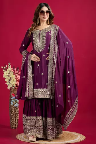 Women voilet sequins , zari, coding & thread embroidered work silk kurta set