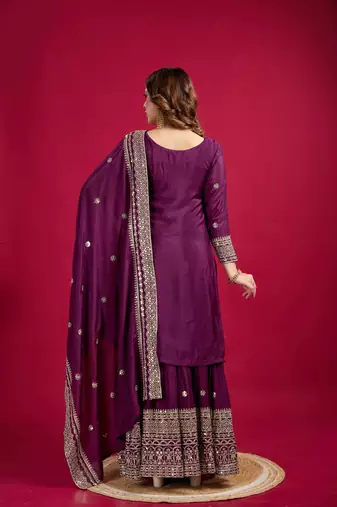 Women voilet sequins  zari coding & thread embroidered work silk kurta set