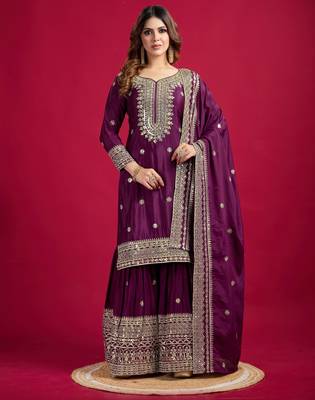 Women voilet sequins zari coding & thread embroidered work silk blend kurta set 3