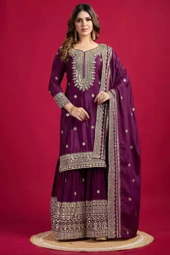 Women voilet sequins  zari coding & thread embroidered work silk kurta set