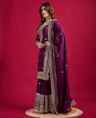 Women voilet sequins zari coding & thread embroidered work silk blend kurta set 4