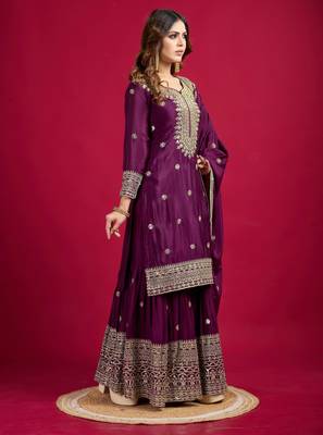 Women voilet sequins zari coding & thread embroidered work silk blend kurta set 5