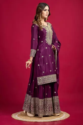 Women voilet sequins  zari coding & thread embroidered work silk kurta set
