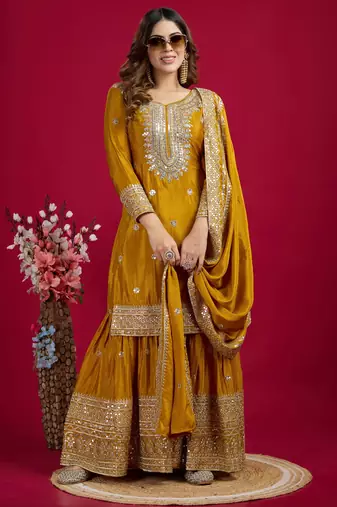 Women yellow sequins , zari, coding & thread embroidered work silk kurta set