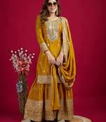 Women yellow sequins , zari, coding & thread embroidered work silk kurta set