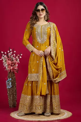 Women yellow sequins  zari coding & thread embroidered work silk kurta set