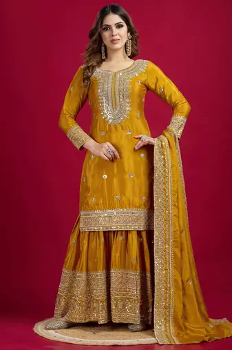 Women yellow sequins  zari coding & thread embroidered work silk kurta set