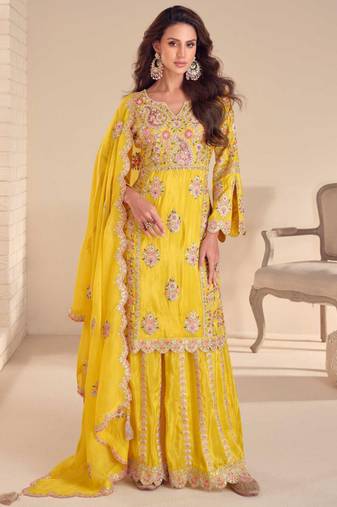 Yellow simmer silk embroidered designer plazzo suit