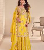 Yellow simmer silk embroidered designer plazzo suit