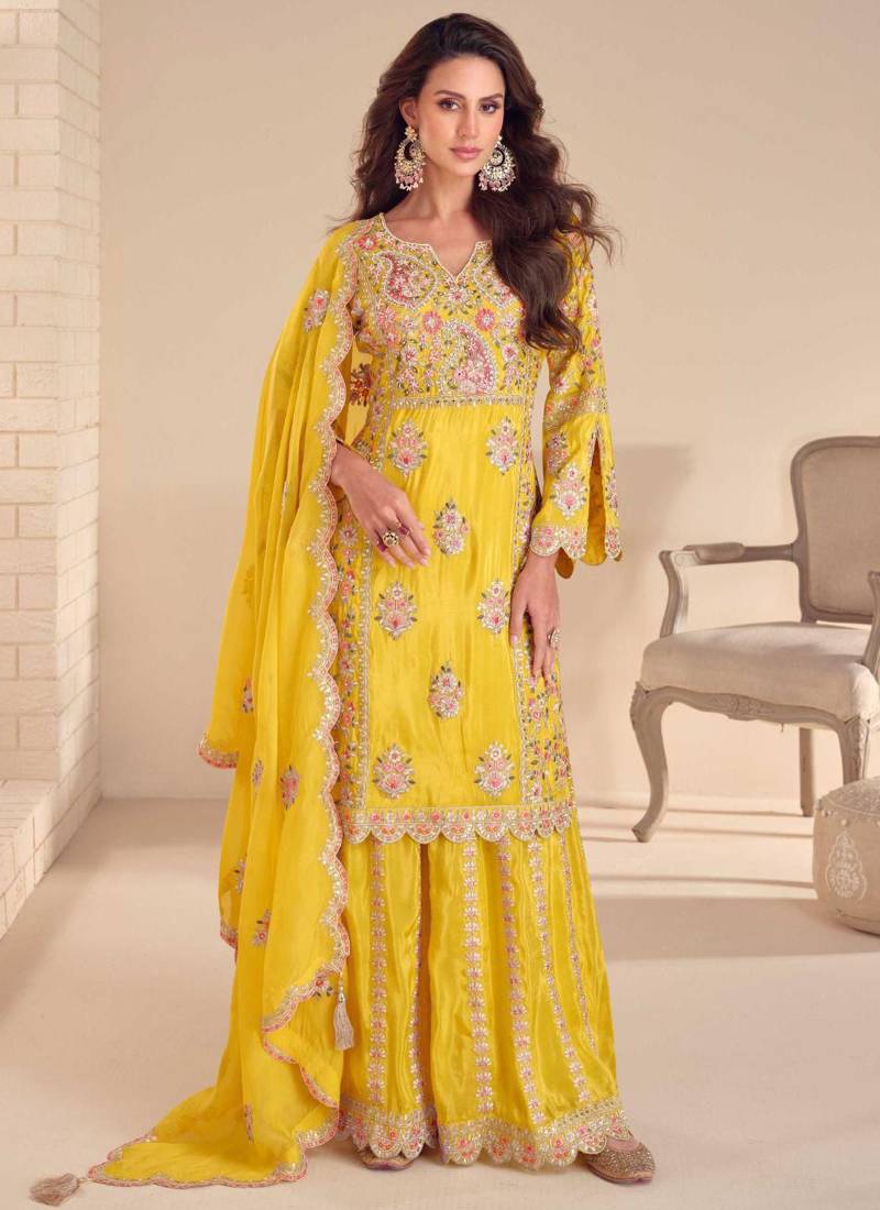 Yellow simmer silk embroidered designer plazzo suit