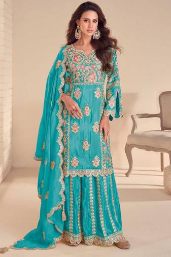 Sky blue simmer silk embroidered designer palazzo suit