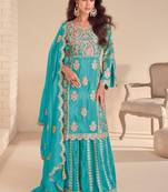 Sky blue simmer silk embroidered designer palazzo suit