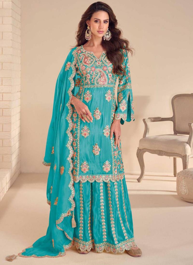 Sky blue simmer silk embroidered designer palazzo suit
