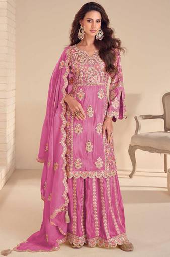 Onion pink simmer silk embroidered designer palazzo suit