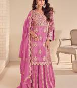 Onion pink simmer silk embroidered designer palazzo suit