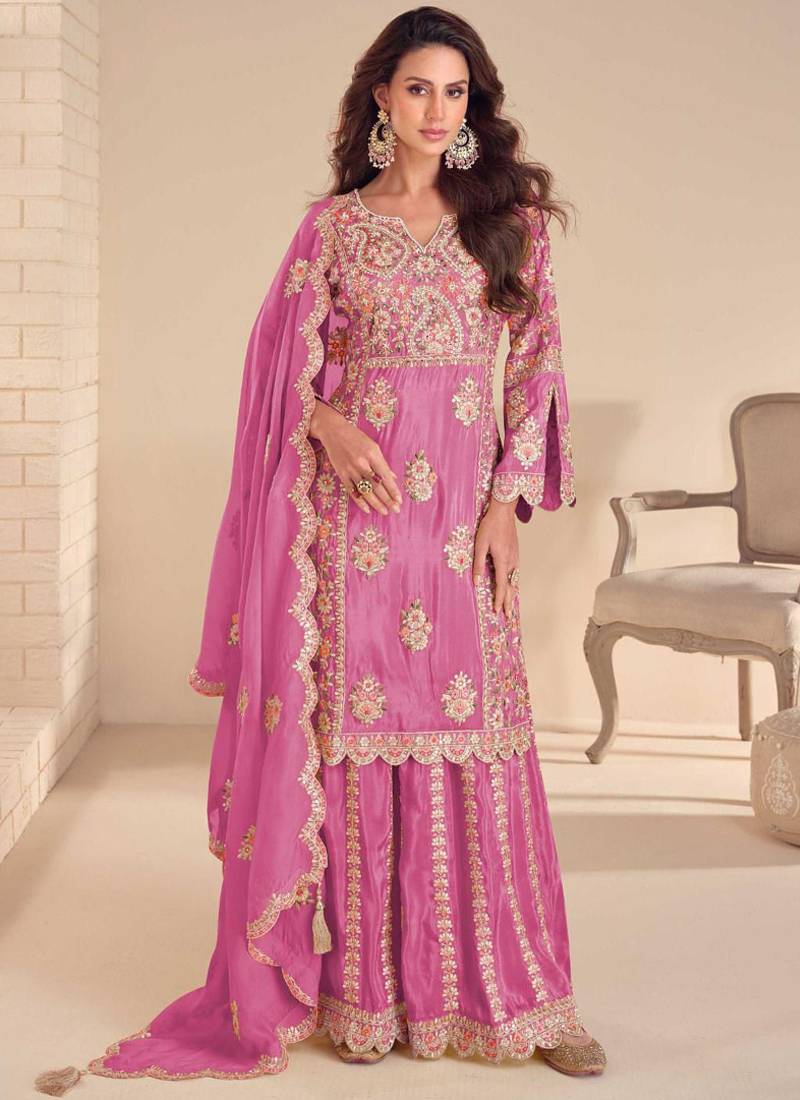 Onion pink simmer silk embroidered designer palazzo suit