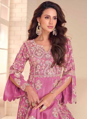 Onion pink simmer silk embroidered designer palazzo suit 2