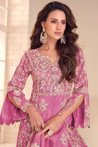 Onion pink simmer silk embroidered designer palazzo suit